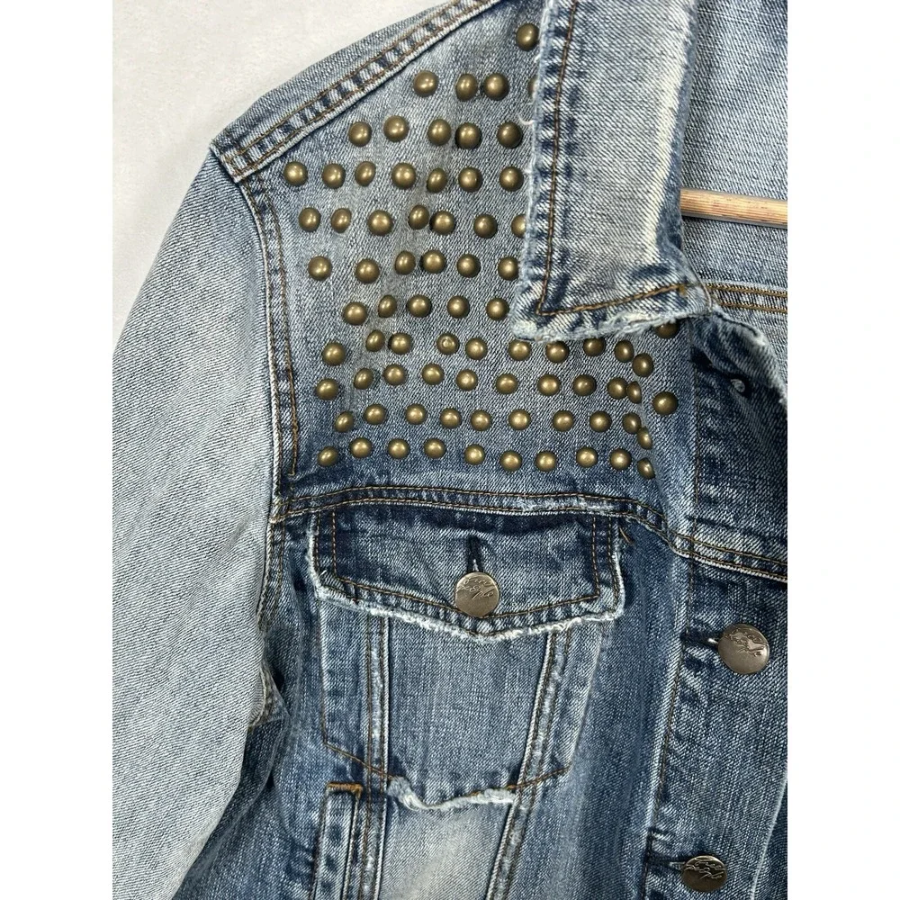 Free People Studded Blue Pub Crawl Denim Jean Jacket Distressed Large L‎ - Picture 5 of 11